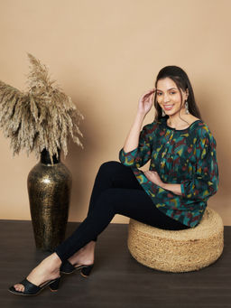 Vbuyz - Women Peacock Floral Printed Flared Cotton Stitched Tunic