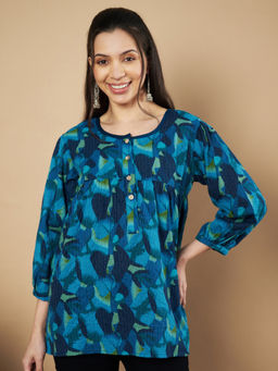 Vbuyz - Women Blue Floral Printed Flared Cotton Stitched Tunic