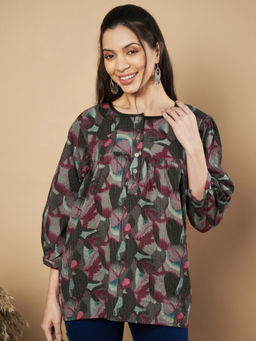 Vbuyz - Women Brown Floral Printed Flared Cotton Stitched Tunic