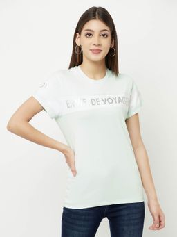 CRIMSOUNE CLUB - Women Mint Green Printed Round Neck T-Shirt