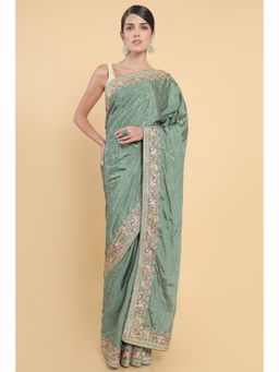Soch - Women Green Georgette Embroidered Saree with Unstitched Blouse