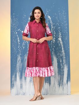 CHARUKRITI - Magenta Cotton Tie-Dye Sleeves and Hem Midi Dress