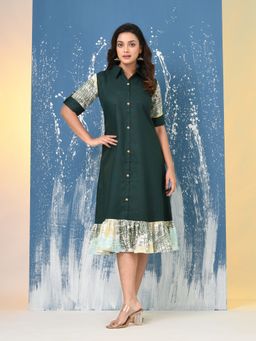 CHARUKRITI - Green Cotton Tie-Dye Sleeves and Hem Midi Dress
