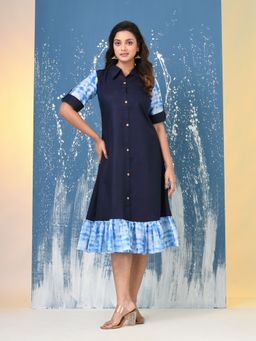 CHARUKRITI - Blue Cotton Tie-Dye Sleeves and Hem Midi Dress