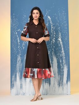 CHARUKRITI - Brown Cotton Printed Sleeves and Ruffled Hem Midi Dress