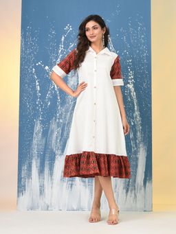 CHARUKRITI - White Cotton Ajrak Printed Sleeves and Contrast Ruffled Hem Midi Dress