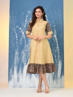 CHARUKRITI - Beige Cotton Ajrak Printed Sleeves and Contrast Ruffled Hem Midi Dress