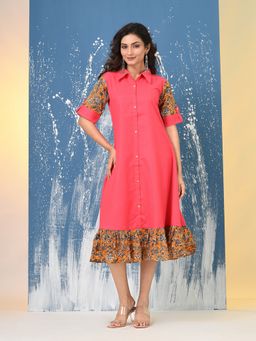 CHARUKRITI - Coral Pink Cotton Ajrak Printed Sleeves and Ruffled Hem Midi Dress