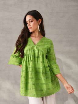 ISHIN - Comfy Green Cotton Schiffli Regular Fit Top