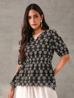 ISHIN - Comfy Black Cotton Embroidered Regular Fit Top