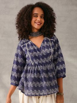 ISHIN - Comfy Navy Blue Cotton Printed Angrakha Fit Top