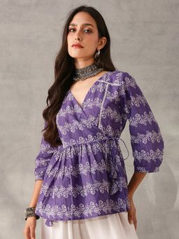 ISHIN - Comfy Purple Cotton Printed Angrakha Fit Top