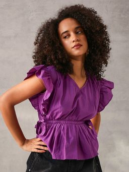 ISHIN - Comfy Purple Cotton Linen Solid Regular Fit Top