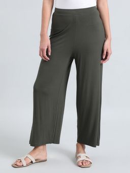 Go Colors - Soft Viscose Olive Knit Full Length Palazzo