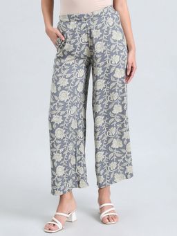 Go Colors - Soft Viscose Full Length Blue Floral Printed Palazzo