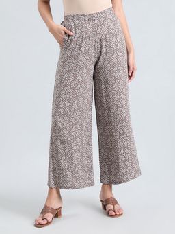 Go Colors - Soft Viscose Brown Floral Printed Full Length Palazzo