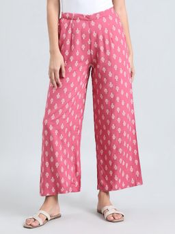 Go Colors - Soft Viscose Pink Full Length Floral Printed Palazzo