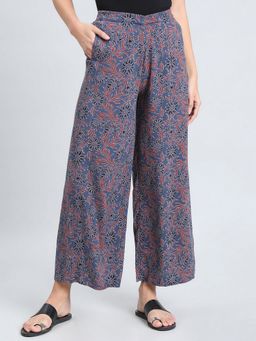 Go Colors - Soft Viscose Navy Blue Floral Printed Full Length Palazzo