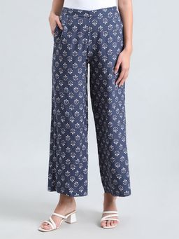 Go Colors - Navy Blue Soft Viscose Floral Printed Full Length Palazzo