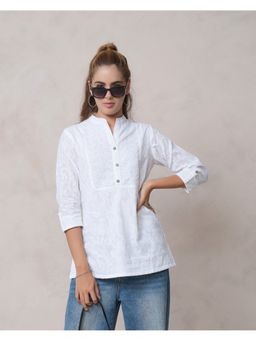 Zolo Label - Women White Cotton Embroidered Three Fourth Sleeves Top