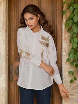 Zolo Label - Women White Embroidered Viscose Collar Neck Shirt