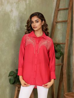 Zolo Label - Red Embroidered Viscose Collar Neck and Full Sleeves Shirt