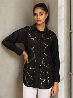 Zolo Label - Women Black Embroidered Viscose Collar Neck Shirt