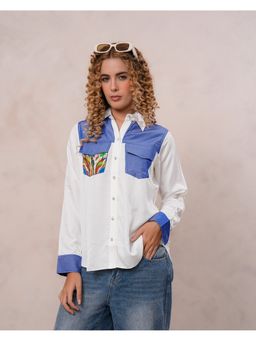 Zolo Label - White and Blue Embroidered Tencel Collar Neck Shirt