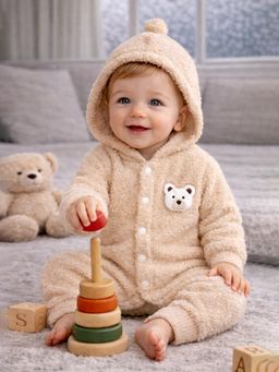 Little Surprise Box - Beige Furry Teddy Full Sleeves Winter Romper