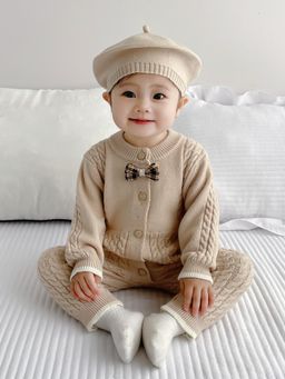 Little Surprise Box - Beige Knitted bow Full Sleeves Winter Romper with Cap