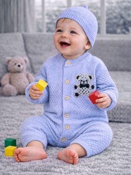 Little Surprise Box - Blue Diamond Teddy Full Sleeves Winter Romper with Cap