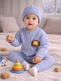 Little Surprise Box - Blue Lion Face Full Sleeves Romper with Cap