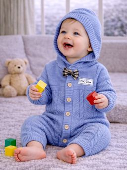 Little Surprise Box - Blue Bow Patterned knit Full Sleeves Romper