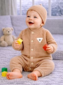 Little Surprise Box - Brown Knitted Full Sleeves Romper with Cap
