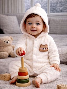 Little Surprise Box - Cream Furry Teddy Full Sleeves Winter Romper