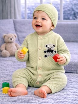 Little Surprise Box - Green Diamond Teddy Full Sleeves Romper with Cap
