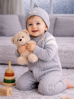 Little Surprise Box - Grey White Stripes Full Sleeves Winter Romper with Cap