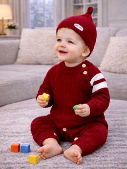 Little Surprise Box - Maroon White Stripes Full Sleeves Winter Romper with Cap