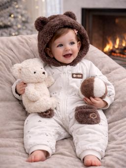 Little Surprise Box - Brown Paw Pocket Furry Winter Full Sleeves Romper