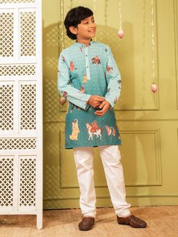 AJ Dezines - Blue Cotton Blend Full Sleeves Kurta With Pyjama