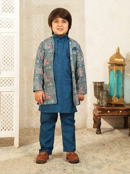 AJ Dezines - Blue Silk Blend Full Sleeves Kurta With Jacket & Pyjama