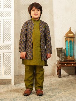 AJ Dezines - Green Silk Blend Full Sleeves Kurta With Jacket & Pyjama