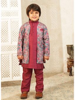 AJ Dezines - Maroon Silk Blend Full Sleeves Kurta With Jacket & Pyjama