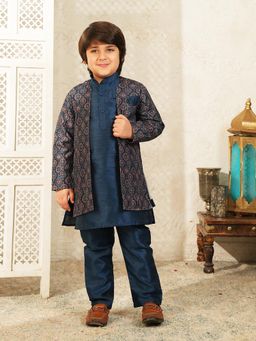 AJ Dezines - Navy Blue Silk Blend Full Sleeves Kurta With Jacket & Pyjama