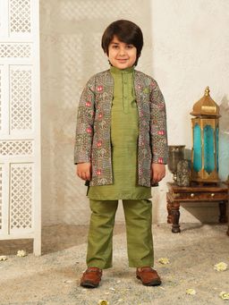 AJ Dezines - Green Silk Blend Full Sleeves Kurta With Jacket & Pyjama