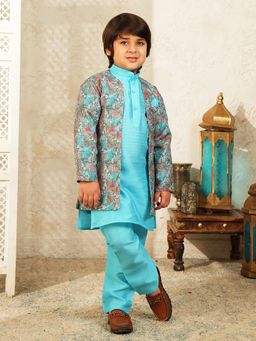 AJ Dezines - Blue Silk Blend Full Sleeves Kurta With Jacket & Pyjama