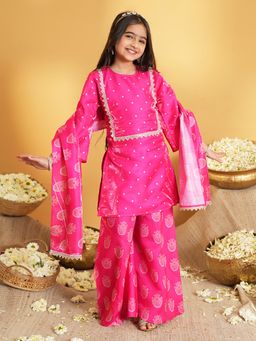 AJ Dezines - Pink Silk Blend Three Fourth Sleeves Kurta With Palazzo & Dupatta