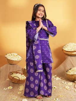 AJ Dezines - Purple Silk Blend Three Fourth Sleeves Kurta With Palazzo & Dupatta