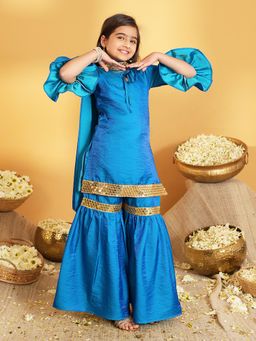 AJ Dezines - Blue Silk Blend Three Fourth Sleeves Kurti With Sharara & Dupatta