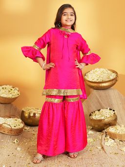 AJ Dezines - Pink Silk Blend Three Fourth Sleeves Kurti With Sharara & Dupatta